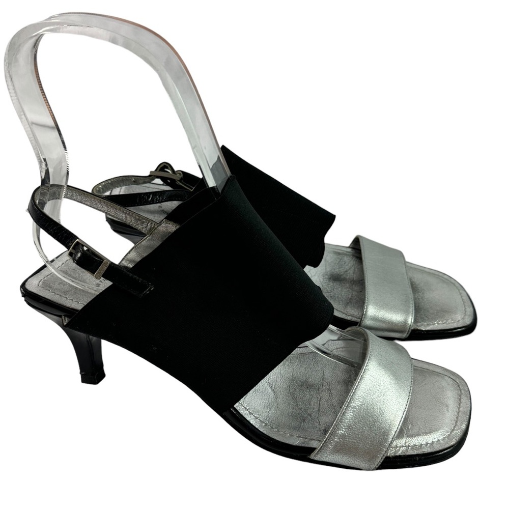 1999 CHANEL Silver Metallic Leather Black Spandex Slingback Sandals 36-6US - Picture 5 of 11